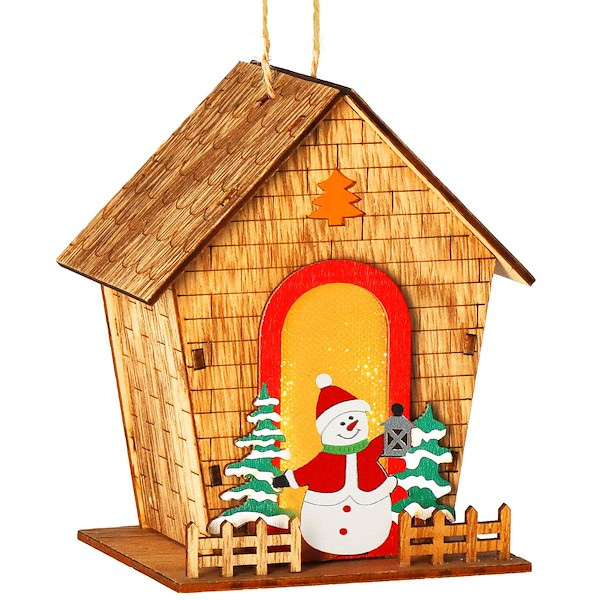 Zawieszka świąteczna domek świecąca ozdoba choinkowa drewniana na baterię