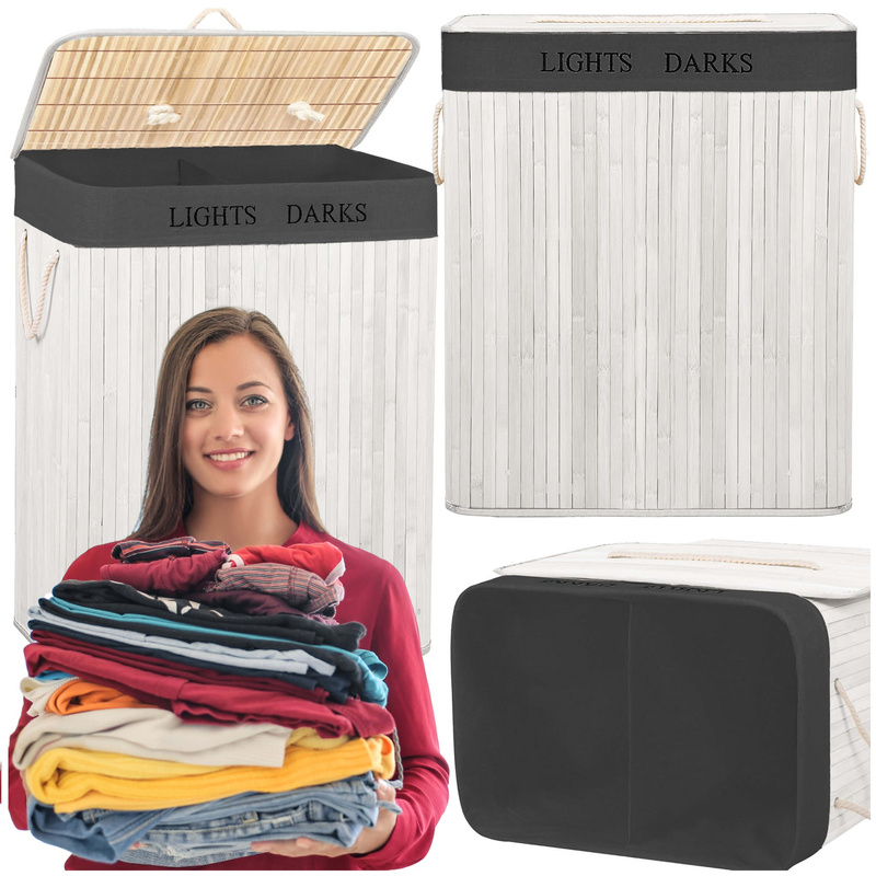 Kosz na pranie bambusowy z pokrywą 105l dwukomorowy biały, szary