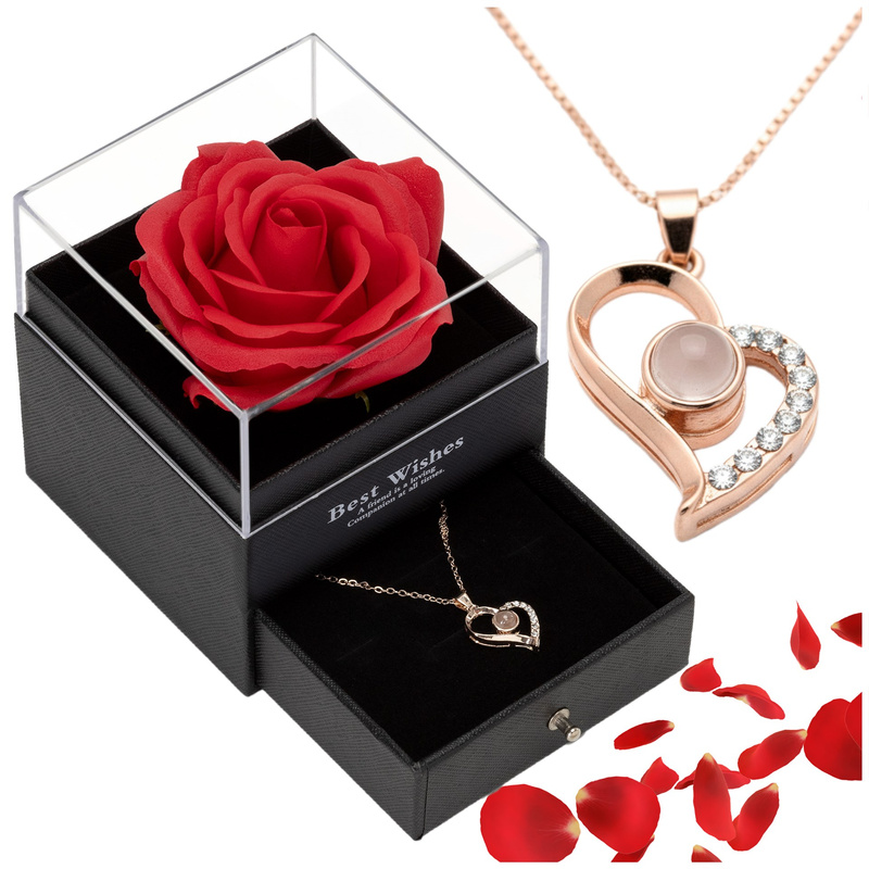 Wieczna róża z naszyjnikiem i pudełkiem prezent na dzień kobiet walentynki dla niej