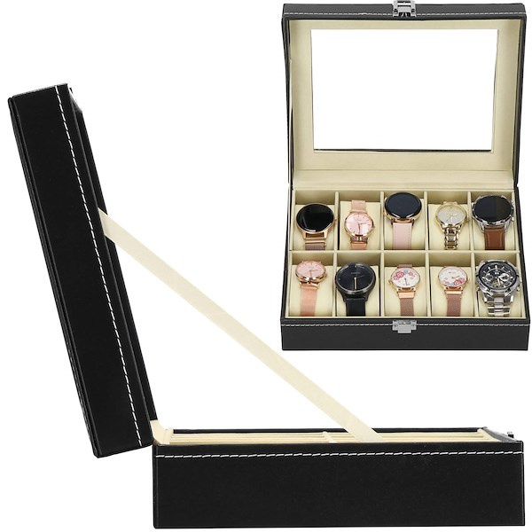 Szkatułka na zegarki 25x20x8 cm czarno-kremowy kuferek z 10 przegródkami ekoskóra