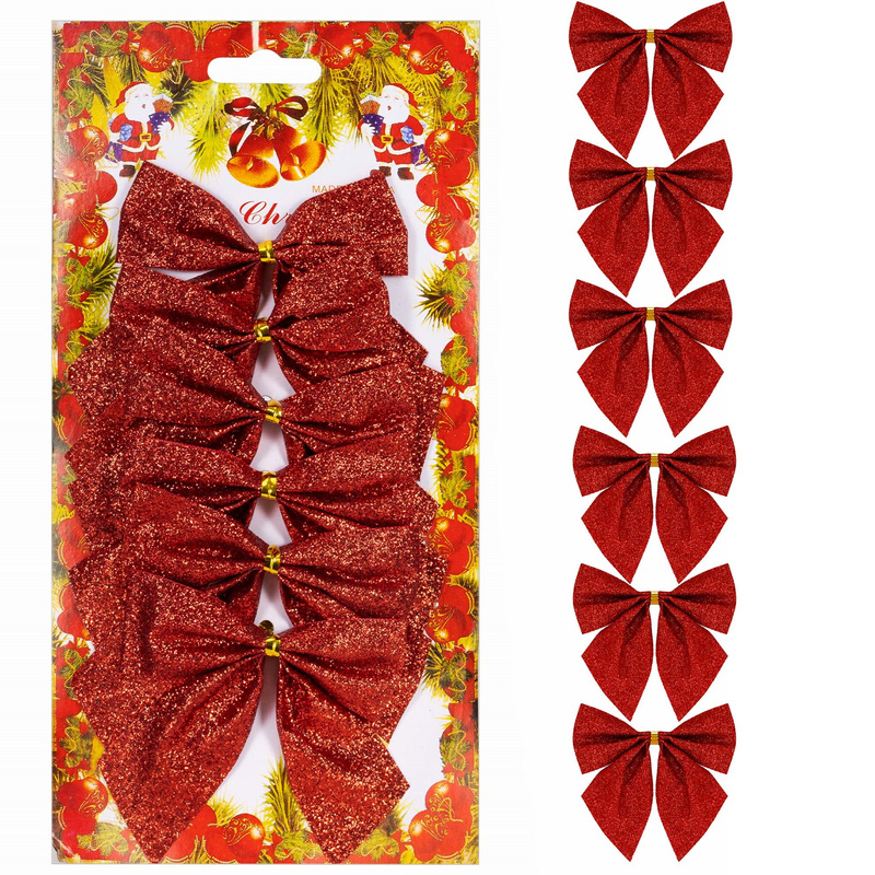 Kokardki na choinkę 6 szt. brokatowe ozdoby świąteczne zawieszki czerwone