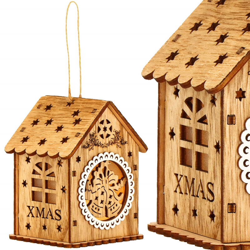 Zawieszka świąteczna domek świecąca ozdoba choinkowa drewniana na baterię