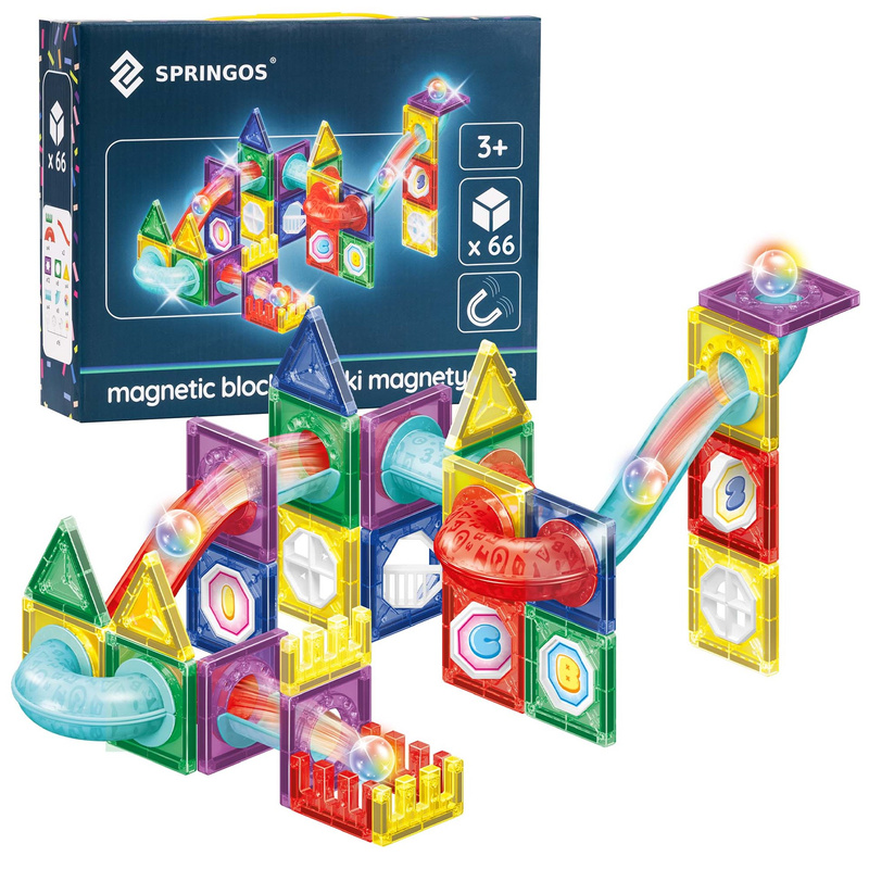 Klocki magnetyczne, konstrukcyjne zestaw 66 szt. tunel kulkowy, świecące kulki