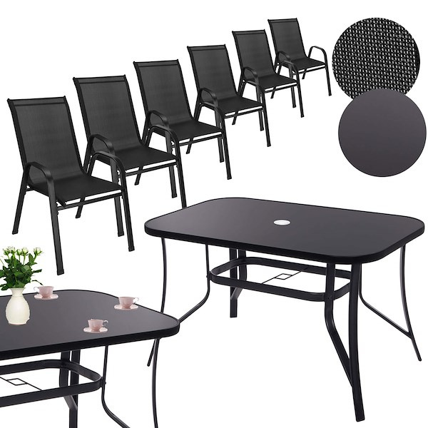 Meble ogrodowe komplet stół 120x70 cm ze szkłem hartowanym, 6 krzeseł zestaw dla 6 osób czarny