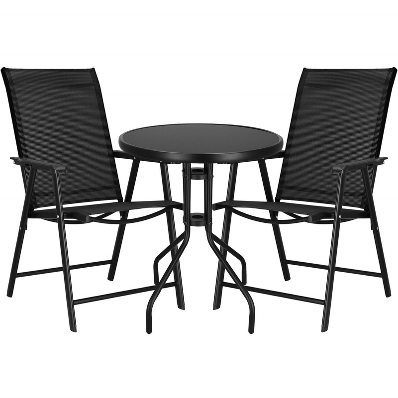 Zestaw mebli ogrodowych stół ze szkłem hartowanym, 2 krzesła komplet na taras czarne