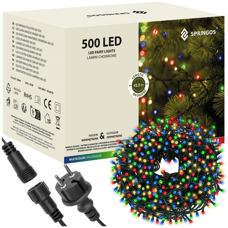Lampki choinkowe 500 LED 41,5 m, multikolor zewnętrzne oświetlenie świąteczne