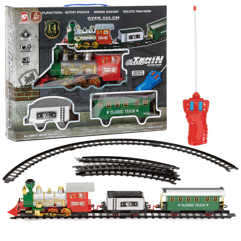 Pociąg parowy, sterowany na baterię, lokomotywa z wagonami i efektami dźwiękowymi, zabawka dla dzieci