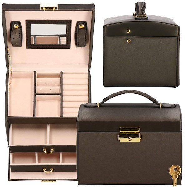 Szkatułka na biżuterię 17,5x14x12,5 cm brązowy kuferek z szufladami i lusterkiem