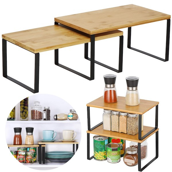 Półki kuchenne 2 szt. bambus nadstawka na blat, stół 2 poziomy jasny brąz