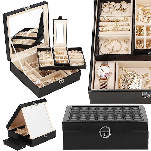 Szkatułka na biżuterię ekoskóra 25x25x8,5 cm czarny kuferek z przegródkami