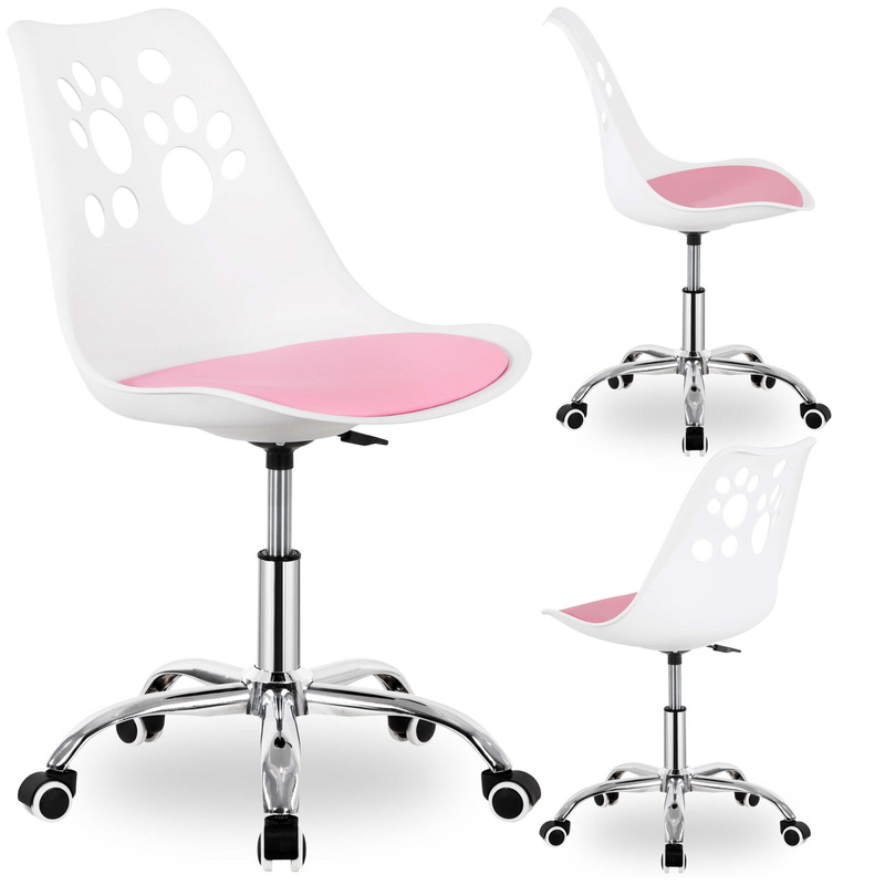 Krzesło obrotowe, ergonomiczny fotel na kółkach dla dzieci, ucznia biało-różowe
