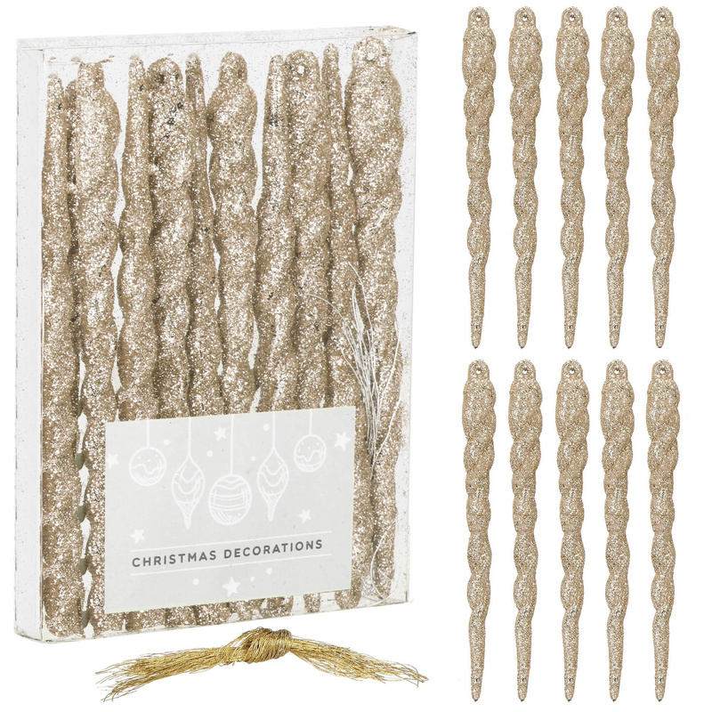 Zawieszki choinkowe 10 szt. 12 cm sople brokatowe złote