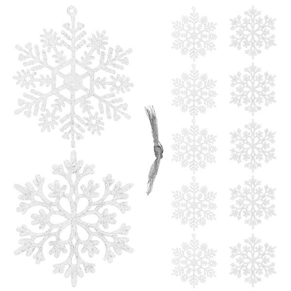 Zawieszki choinkowe 10 cm, białe śnieżynki z brokatem,12 sztuk