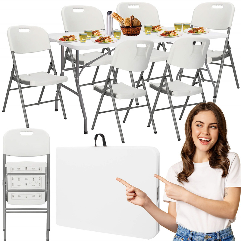 Zestaw cateringowy, turystyczny stół z 6 krzesłami składany na bankiet, zestaw biały