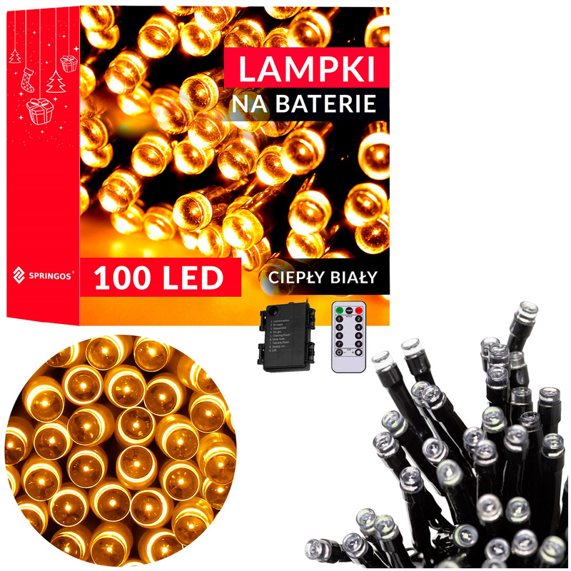 Lampki choinkowe 100 LED na baterię biały, ciepły z pilotem