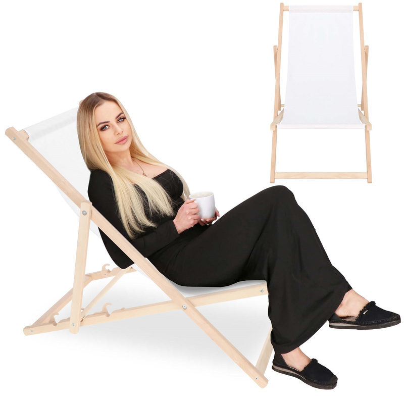 Leżak drewniany z 3-stopniową regulacją, ogrodowy, plażowy, balkonowy, biały