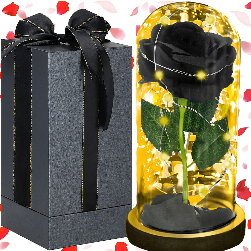 Wieczna róża LED w szkle 21 cm świecąca ozdoba prezent kwiat czarny