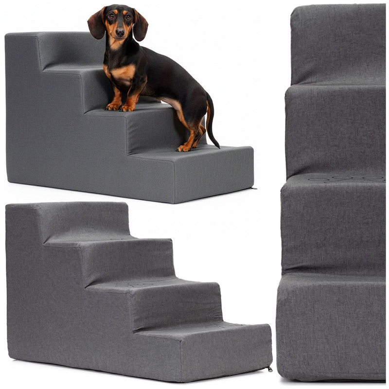 Schody dla psa 4 stopnie 40 cm podest, miękka rampa dla kota schodki ciemnoszare