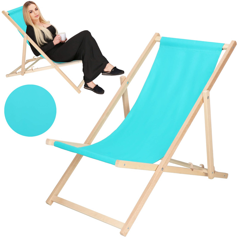 Leżak plażowy składany, drewniany z turkusowym materiałem