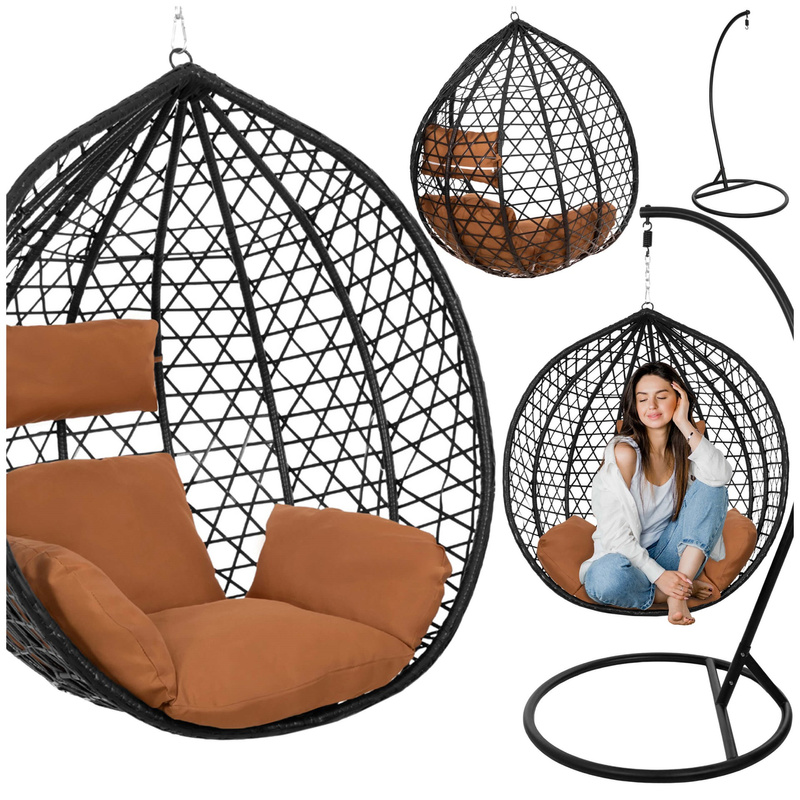 Fotel wiszący na stelażu, kokon rattanowy do ogrodu z poduszkami