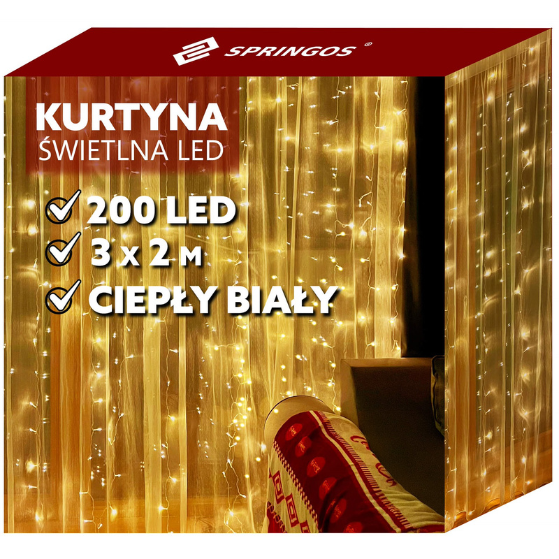 Kurtyna świetlna 200 led ciepły biały 3x2 m lampki wewnętrzne USB z programatorem i pilotem