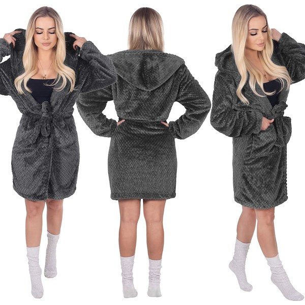 Szlafrok damski z kapturem i paskiem rozm. S/M polarowy ciemnoszary