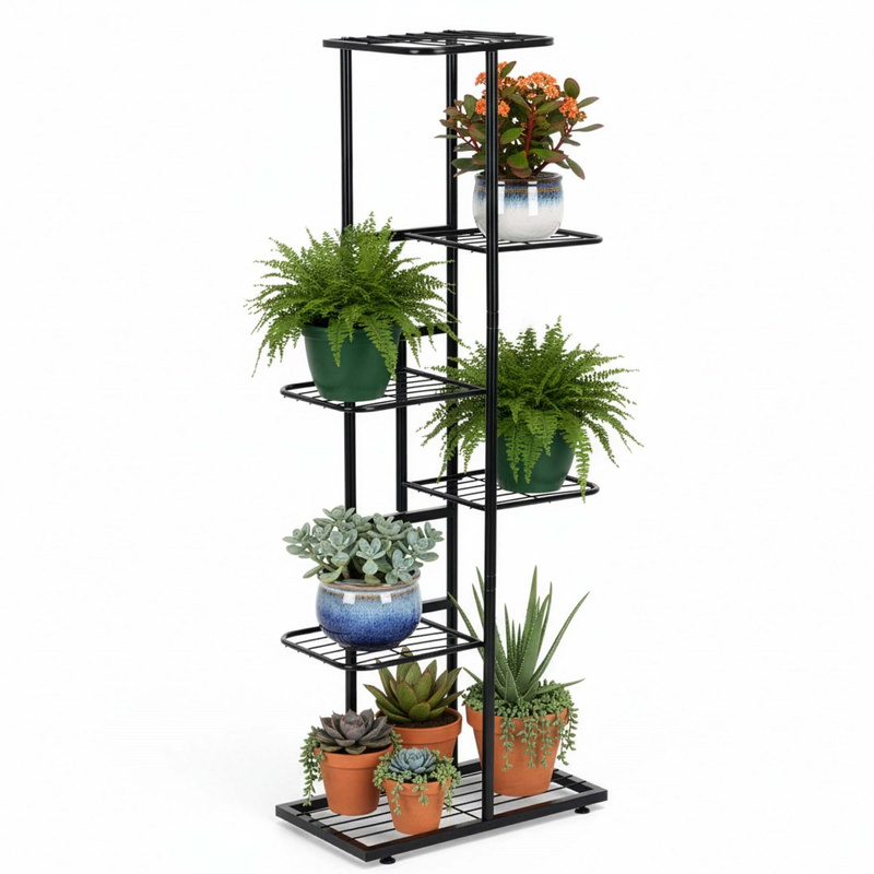 Kwietnik metalowy, pionowy z 6 półkami loftowy stojak na rośliny 106 cm czarny