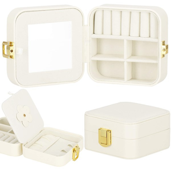 Szkatułka na biżuterię 10x10x5 cm kremowy kuferek z przegródkami ekoskóra