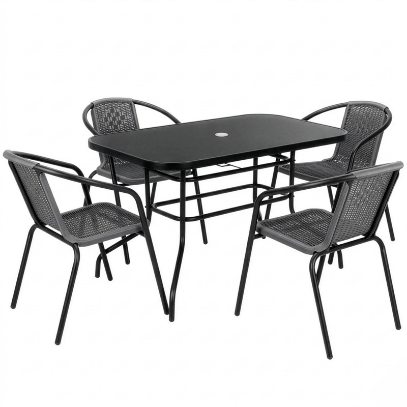 Komplet mebli ogrodowych stół 140x80 cm prostokątny i krzesła metalowe 4 szt. zestaw na balkon czarno-szary