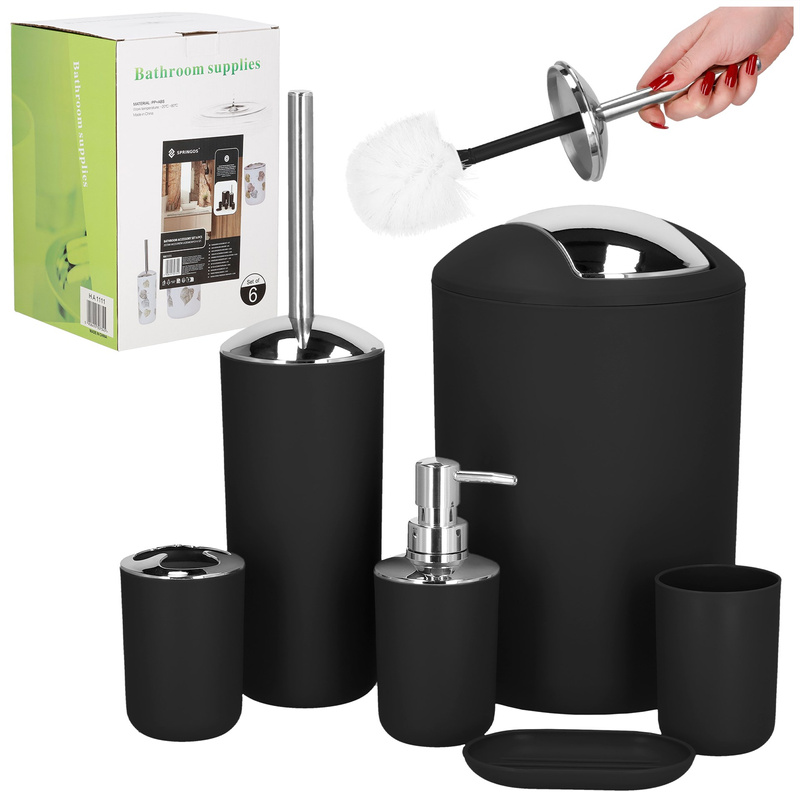 Akcesoria łazienkowe 6w1 zestaw do wc łazienki loft szczotka kosz kubki dozownik czarny
