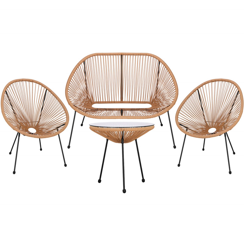 Meble ogrodowe rattanowe stół ze szkłem hartowanym 2 fotele ażurowe, sofa beżowe