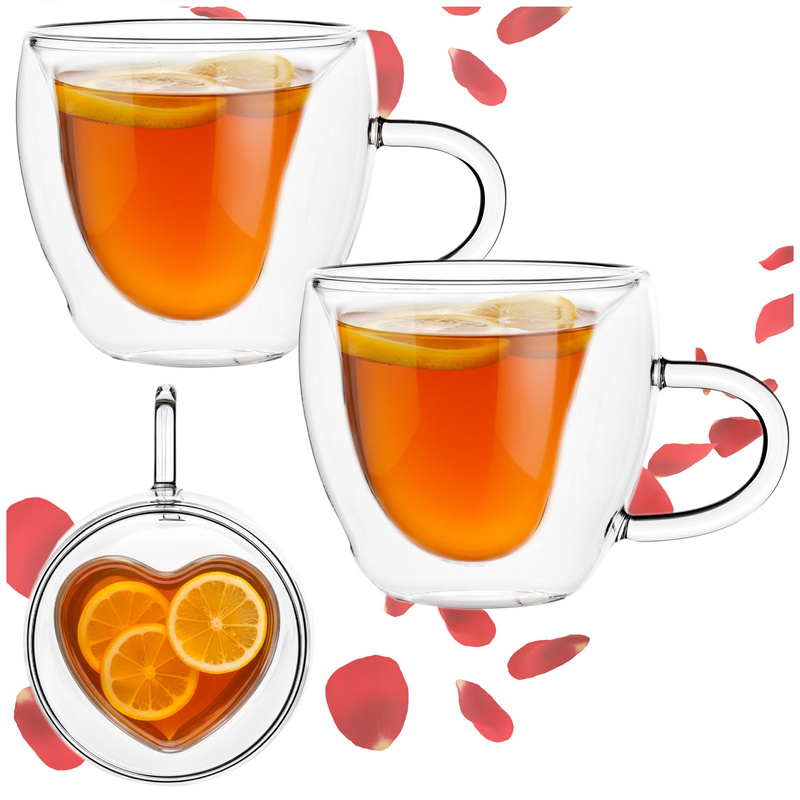 Szklanki z podwójnym dnem 2 szt. termiczne 220 ml serce, filiżanka na kawę herbatę, z uchem