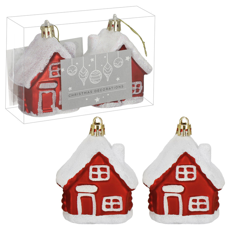 Bombki choinkowe, dekoracje świąteczne do stroika, domek zestaw 2 szt. czerwone