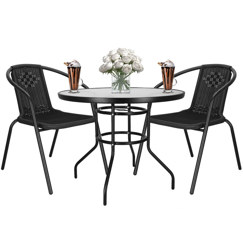 Meble na balkon: stolik kawowy, 2 krzesła metalowe do ogrodu czarne