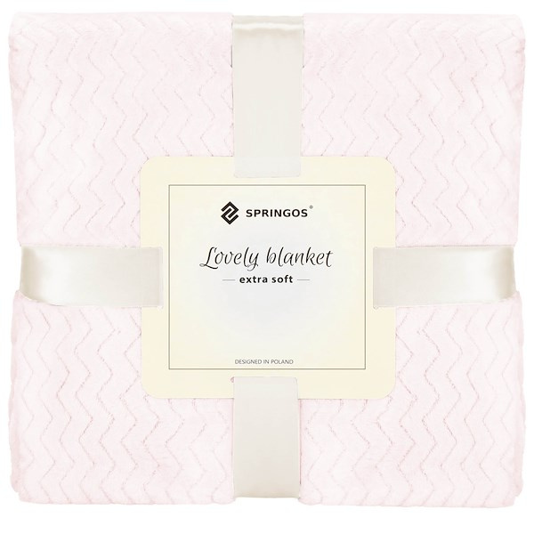 Narzuta na łóżko, pled 160x200 cm dwustronny, tłoczony koc na kanapę pudrowy róż zygzak