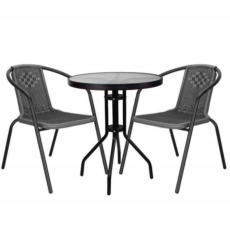Zestaw mebli ogrodowych stół okrągły i 2 krzesła metalowe komplet na balkon czarno-szary