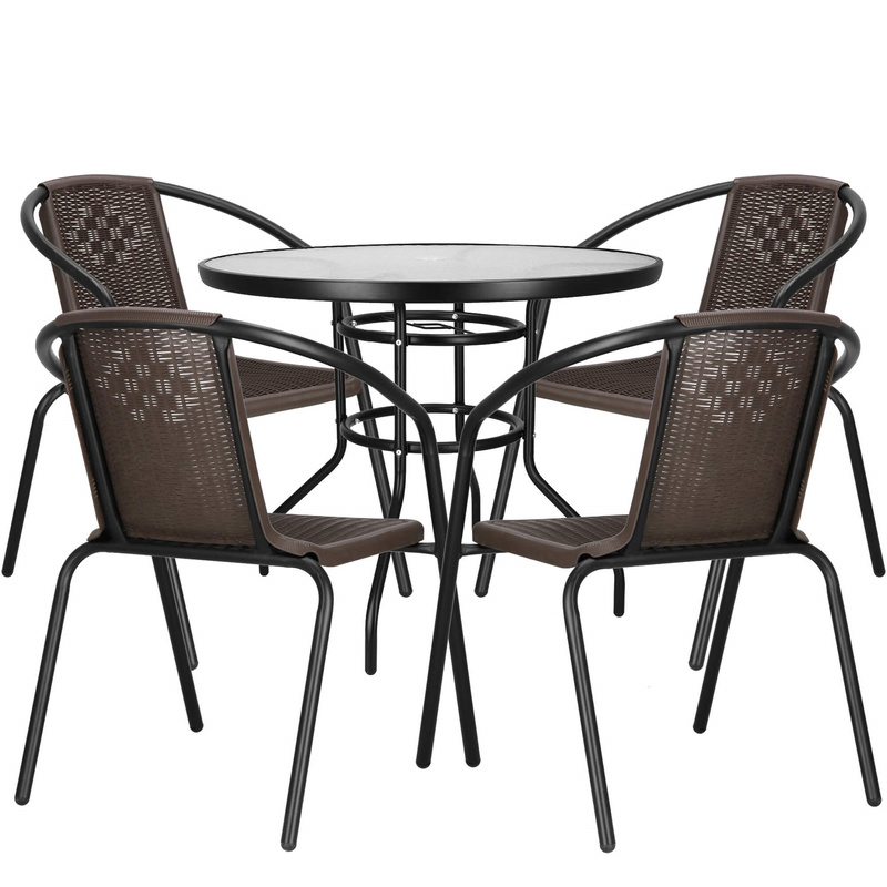 Meble na balkon: stolik kawowy, 4 krzesła metalowe do ogrodu czarno-brązowe