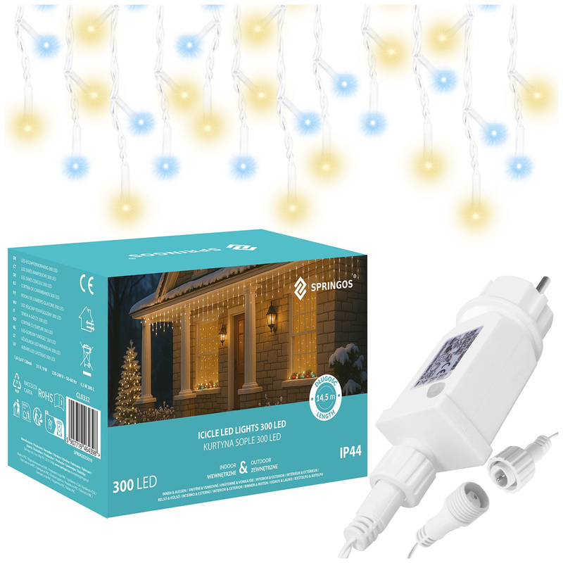 Kurtyna świetlna 300 led girlanda, lampki wewnętrzno-zewnętrzne sople biały ciepły + biały flash