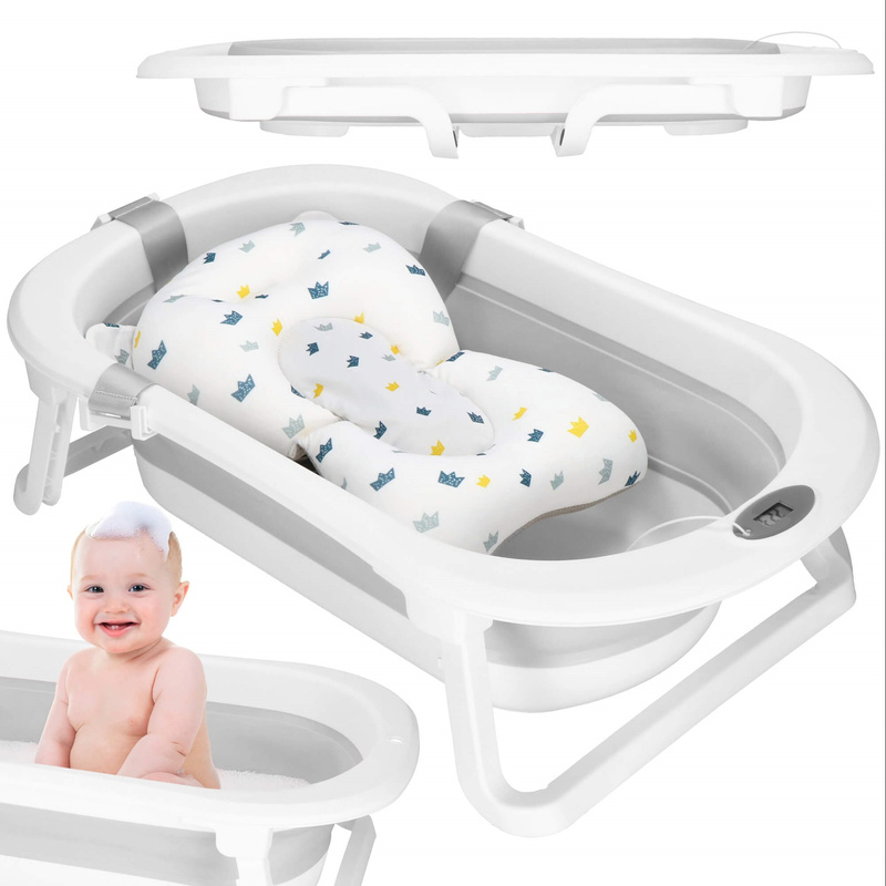 Wanienka dla niemowląt z korkiem, termometrem i poduszką 40 L przenośna, biało-szara