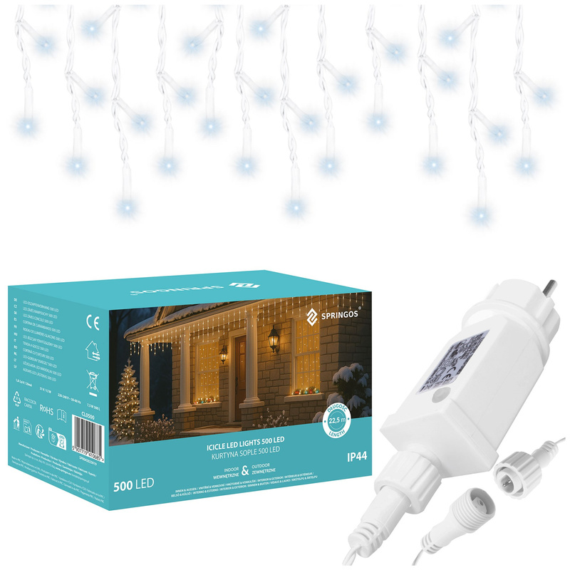 Kurtyna świetlna 500 led girlanda, lampki wewnętrzno-zewnętrzne sople zimny biały