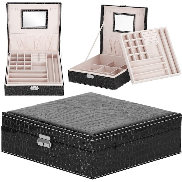 Szkatułka na biżuterię ekoskóra 26x26x8,5 cm czarny kuferek z przegródkam