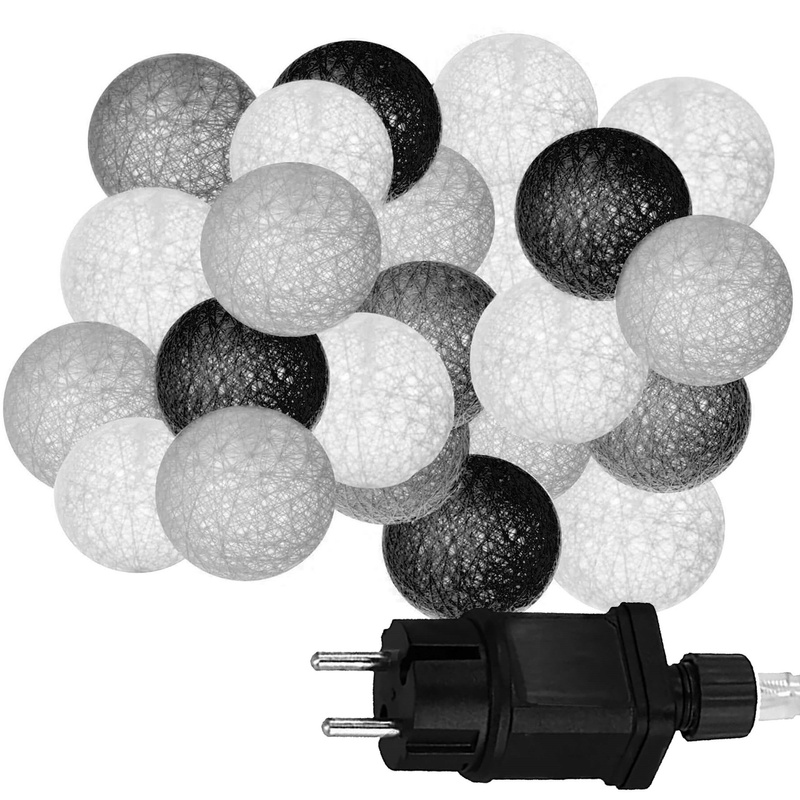 Cotton balls 20 led lampki dekoracyjne, girlanda na prąd 6cm czarno-szaro-białe