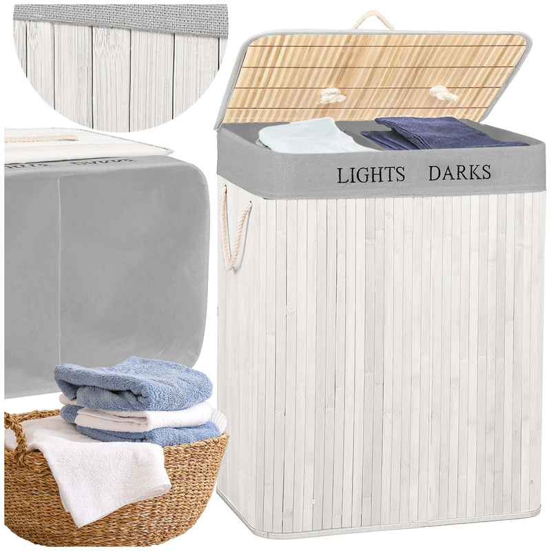 Kosz na pranie dwukomorowy 105 L bambusowy z pokrywą i uchwytami podwójny