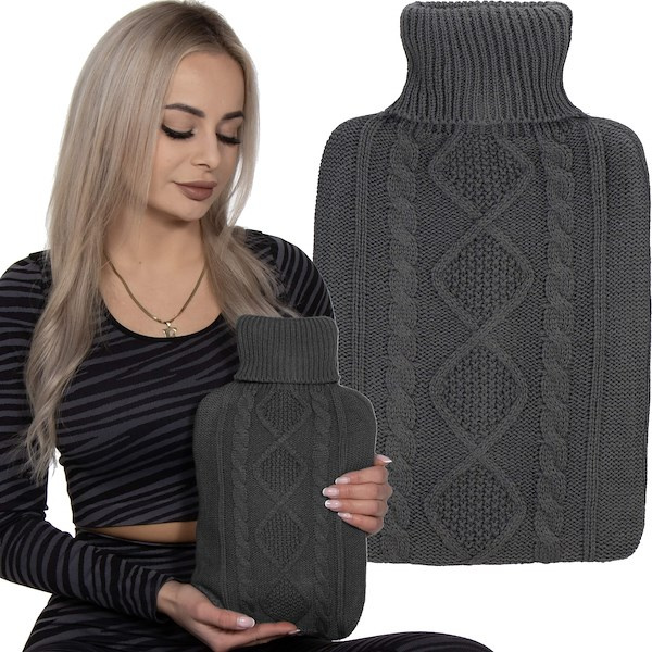 Termofor z osłoną duży ogrzewacz do rąk z pokrowcem sweterkiem 2L szary