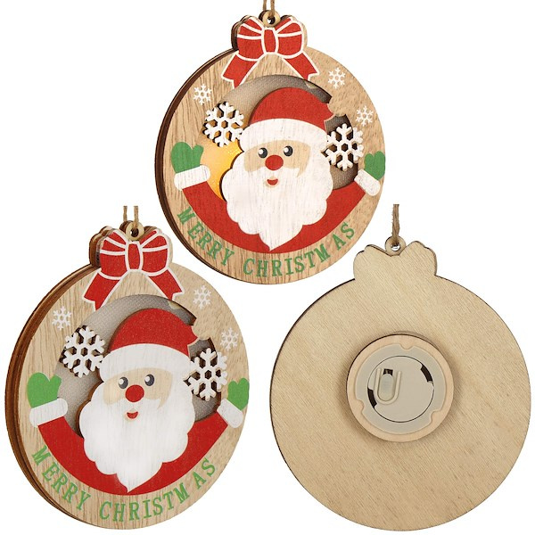 Zawieszka świąteczna mikołaj świecąca ozdoba choinkowa drewniana na baterię