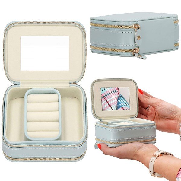 Szkatułka na biżuterię ekoskóra 11,5x8,5x5,5 cm błękitny kuferek z przegródkami