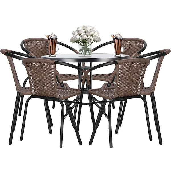 Meble na balkon: stolik kawowy, 6 krzeseł metalowych do ogrodu czarno-brązowe