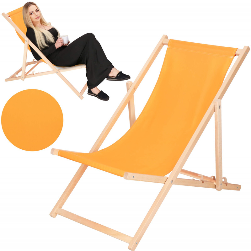 Leżak plażowy składany, drewniany z pomarańczowym materiałem