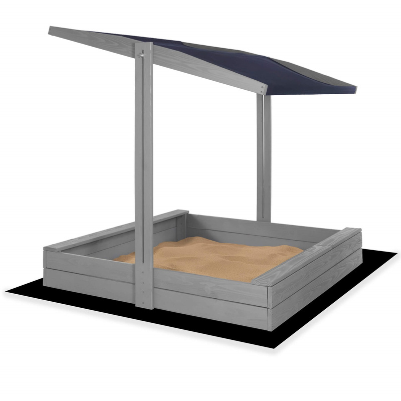 Piaskownica drewniana  120x120 cm z daszkiem, funkcją zamyknia, ławeczkami i włókniną, szara