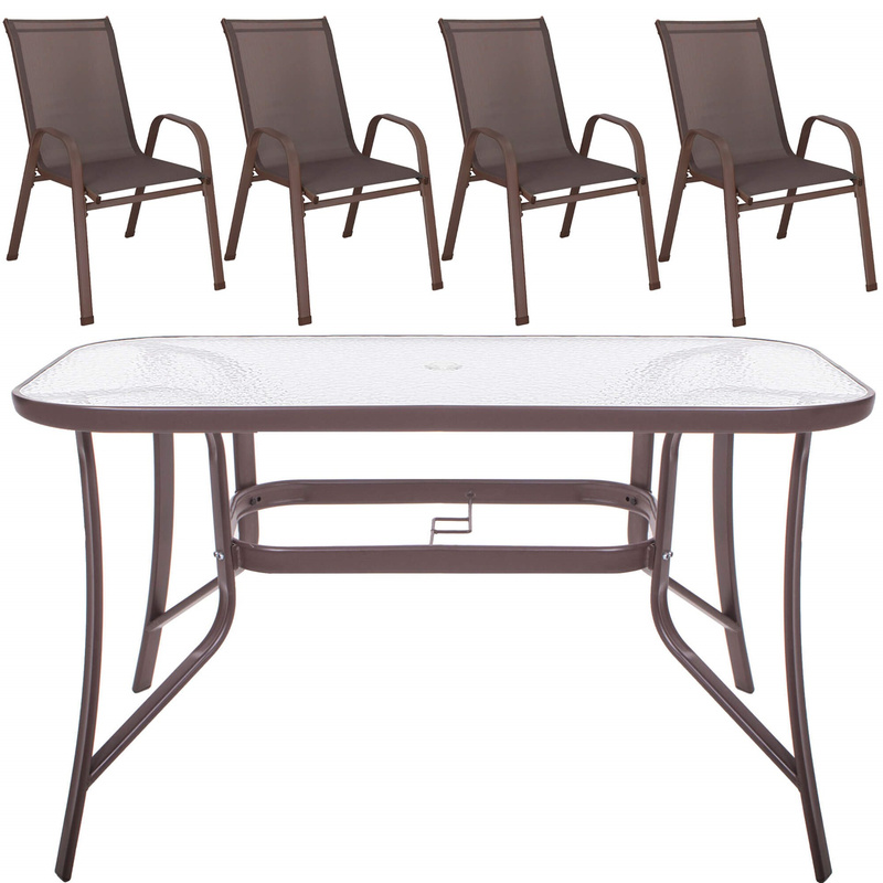 Meble ogrodowe komplet stół ze szkłem hartowanym, 4 krzesła zestaw dla 4 osób brązowe